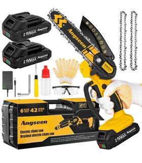 Angseen 789044195049 Mini Chainsaw Cordless 6 Inch With 2 Batteries And Chains Lightwei