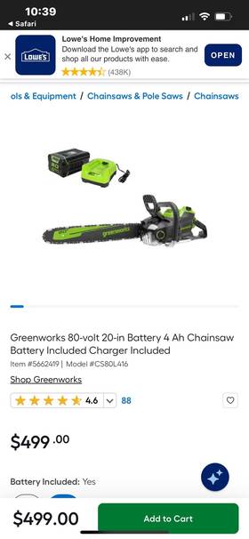 Greenworks 1784622 80v 20 Inch 3.4 Kw Brushless Chainsaw Includes Battery Charger