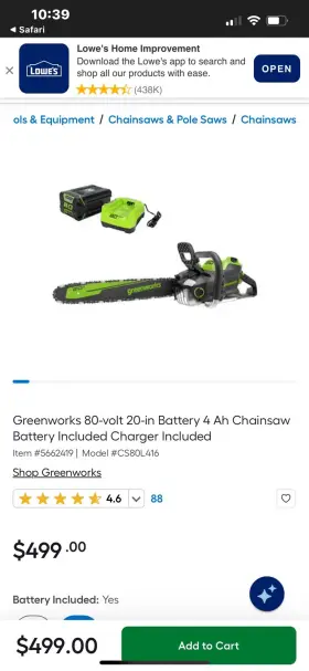 1784622 Greenworks 80v 20 Inch 3.4 Kw Brushless Chainsaw Includes Battery Charger
