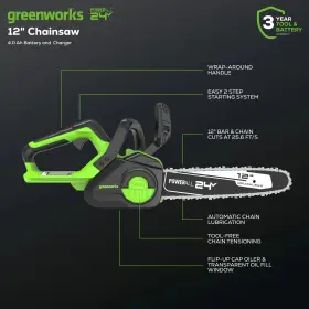 20362 Greenworks 24v 12 Inch Compact Chainsaw Tool With Charger No Battery