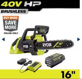 Ryobi 313035158159 40v Hp Brushless 16 Inch Battery Chainsaw With 4.0 Ah And Charger