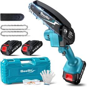 Seesii 800689637210 Mini Chainsaw Cordless 6-inch Handheld Electric Power Chain Saw With 2 Batteries
