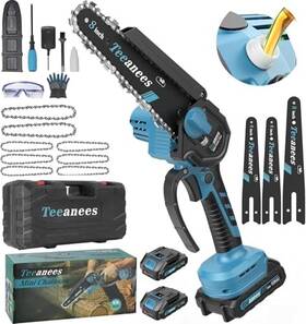 Teeanees 759784421241 Mini Chainsaw Cordless 8 Inch Inch-blue-2 Battey Chains 3 Guide Plates