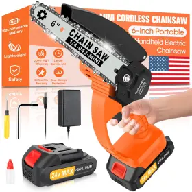 Tidyness 762139681580 Mini Chainsaw Cordless 6-inch Portable Handheld With Security Lock
