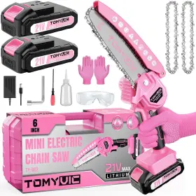 Tomyvic 114129815176 Mini Chainsaw 6-inch Pink Cordless Electric Handheld 2 Batteries 21v