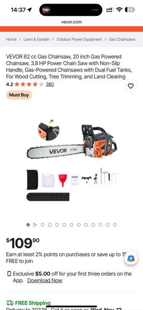 Vevor Neotecncs6200a 62 Cc Gas Chainsaw 20 Inch Powered 3.8 Hp Power Chain Saw W