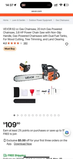 Neotecncs6200a Vevor 62 Cc Gas Chainsaw 20 Inch Powered 3.8 Hp Power Chain Saw W