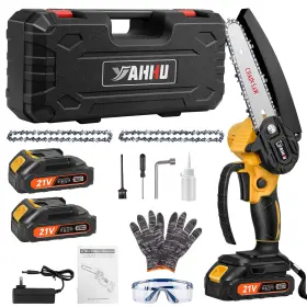 Yahhu 313045680664 6 Inch Cordless Mini Chainsaw 21v Battery 2 Chains Safety Features Yellow