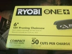 Ryobi Pruning Mini Chainsaw Cuts 18V 6 In. Cordless Battery Compact Tool Only New. Price: $75.00.