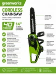Greenworks 2012802 40V 14 Inch Cordless Chainsaw Open. Price: $150.00.