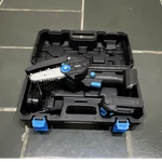 Brookstone Mini Chainsaw Cordless Battery Lightweight Black Blue With Carry Case Open. Price: $38.25.
